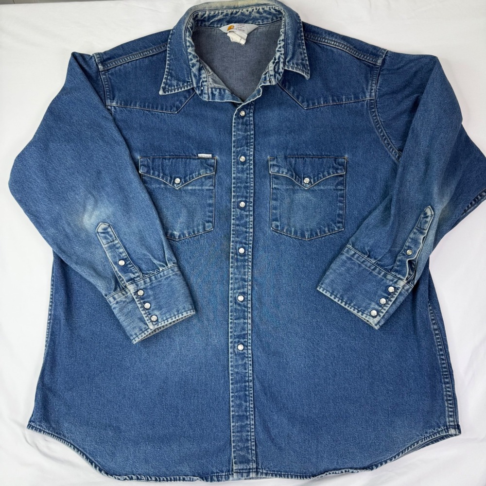 Vintage Carhartt Denim Pearl Snap Shirt Mens Blue Western Workwear Long Sleeve